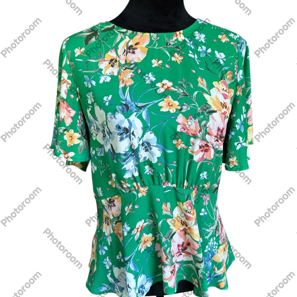 Loft Green Floral Size 4 Flutter Sleeve Peplum Rear Zip Blouse